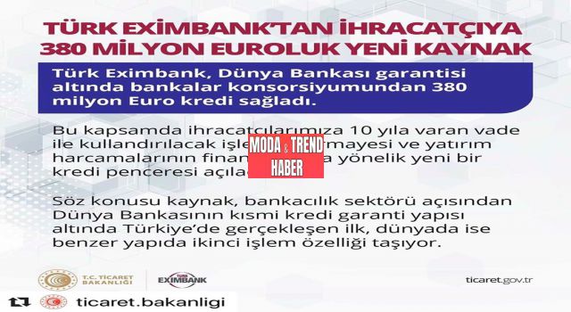 Türk Eximbank Dünya Bankası garantisi altında Bankalar Konsorsiyumundan 380 milyon avro kredi sağladı. Kredilerin %70 i Kobilerin finansmanında kullandırılacak.